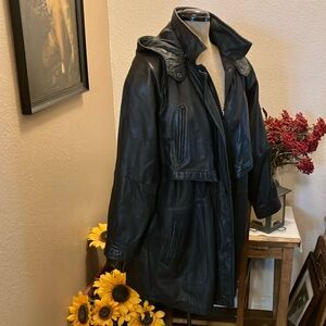Black soft leather coat with removable hood & zip out insulated lining. Size XL